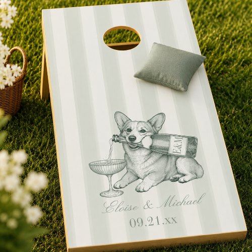Sage Green Stripe Corgi Wedding Cornhole Set
