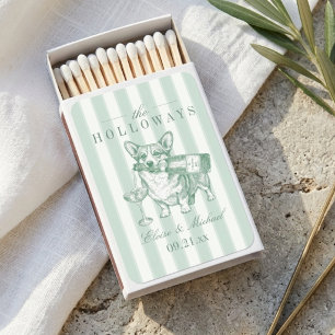 Sage Green Stripe Corgi Wedding Matchboxes