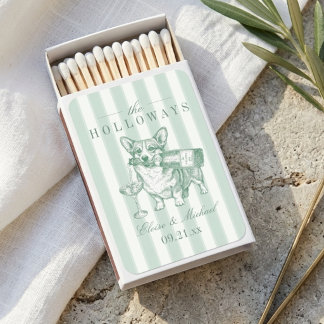 Sage Green Stripe Corgi Wedding Matchboxes
