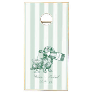 Sage Green Stripe Dachshund Champagne Wedding Cornhole Set