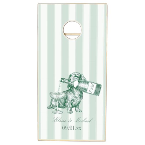 Sage Green Stripe Dachshund Champagne Wedding Cornhole Set