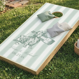 Sage Green Stripe Dachshund Champagne Wedding Cornhole Set