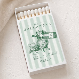 Sage Green Stripe Dachshund Champagne Wedding Matchboxes