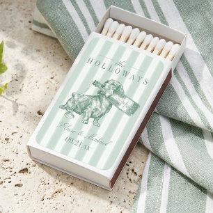 Sage Green Stripe Dachshund Champagne Wedding Matchboxes