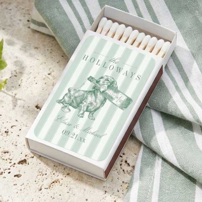 Sage Green Stripe Dachshund Champagne Wedding Matchboxes (Sage Green Stripe Dachshund Champagne Wedding Matchboxes)