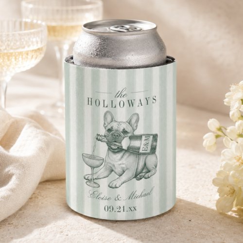 Sage Green Stripe French Bulldog Champagne Wedding Can Cooler