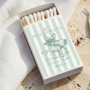 Sage Green Stripe French Bulldog Wedding Matchboxes
