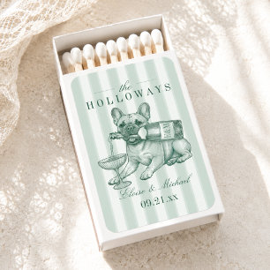 Sage Green Stripe French Bulldog Wedding Matchboxes