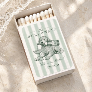 Sage Green Stripe Golden Doodle Champagne Wedding Matchboxes