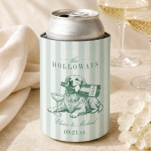 Sage Green Stripe Golden Retriever Wedding Can Cooler