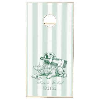 Sage Green Stripe Golden Retriever Wedding Cornhole Set