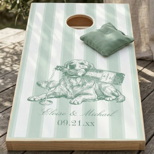Sage Green Stripe Golden Retriever Wedding Cornhole Set