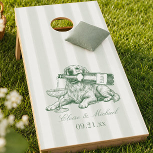 Sage Green Stripe Golden Retriever Wedding Cornhole Set