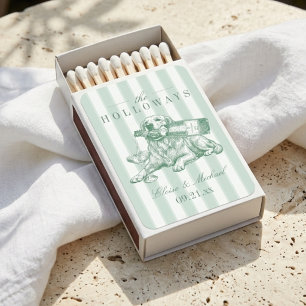 Sage Green Stripe Golden Retriever Wedding Matchboxes