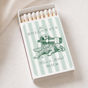 Sage Green Stripe Golden Retriever Wedding Matchboxes
