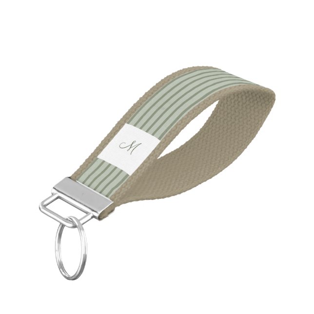  Sage Green Stripe Initial Script Monogram Wrist K Keychain (Angled Down)