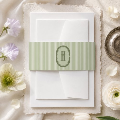 Sage Green Stripe Monogram Crest Wedding Invitation Belly Band