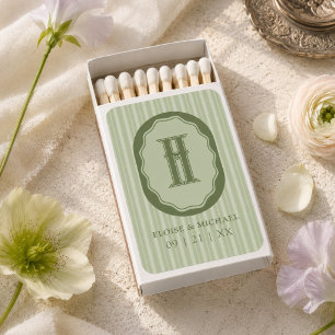 Sage Green Stripe Monogram Crest Wedding Matchboxes