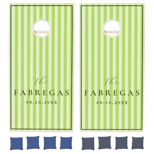 Sage Green Stripe Monogrammed Wedding Cornhole Set