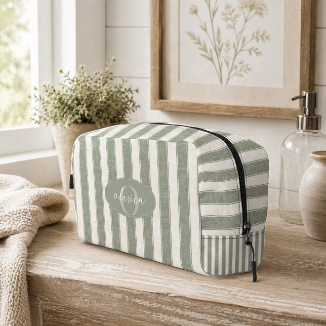 Sage Green Stripe Pattern with Personalized Name Dopp Kit (Creator Uploaded)