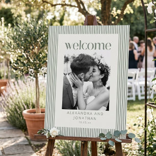 Sage Green Stripe Photo Wedding Welcome Sign