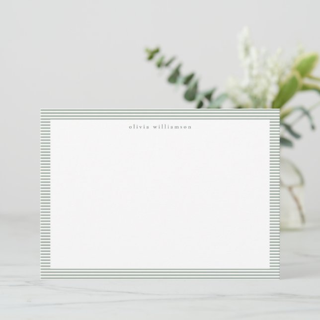 Sage Green Stripe Preppy Classic Personalized Name Note Card (Standing Front)