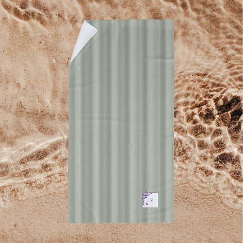 Sage Green Stripe Purple Floral Script Monogram Beach Towel