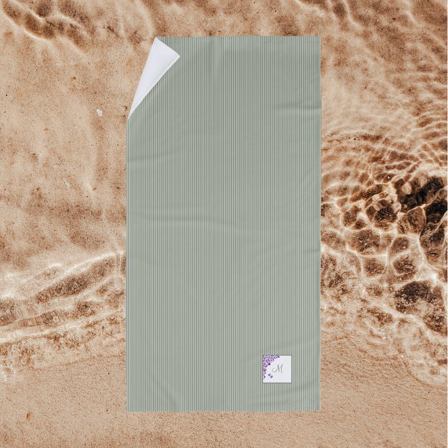 Sage Green Stripe Purple Floral Script Monogram Beach Towel (Creator Uploaded)