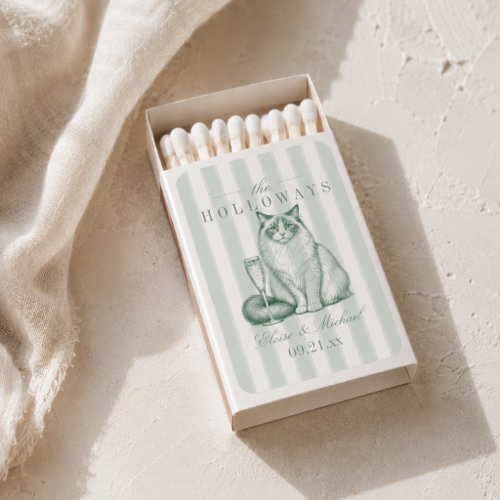 Sage Green Stripe Ragdoll Cat Wedding Matchboxes