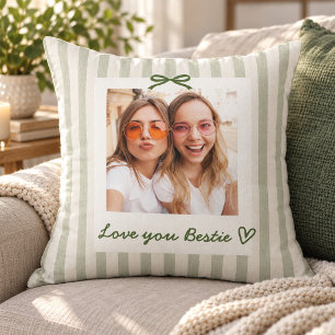 Sage Green Stripe Ribbon Photo Bestie Throw Pillow