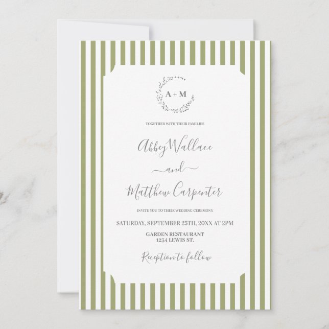Sage Green Stripe Wedding Invitation (Front)