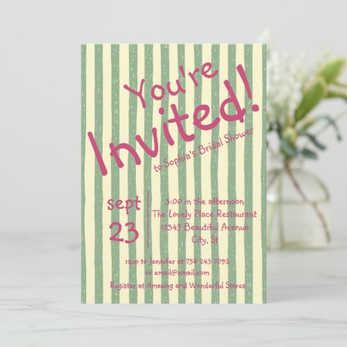 Sage Green Stripe You're Invited Bridal Shower Invitation