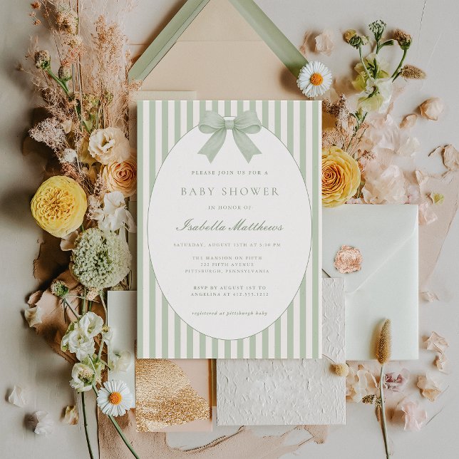 Sage Green Striped Baby Shower Invitation with Bow (Sage Green Bow Striped Baby Shower )