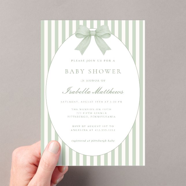Sage Green Striped Baby Shower Invitation with Bow (Insitu (Handheld))