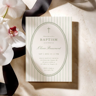 Sage Green Striped Baptism Invitation