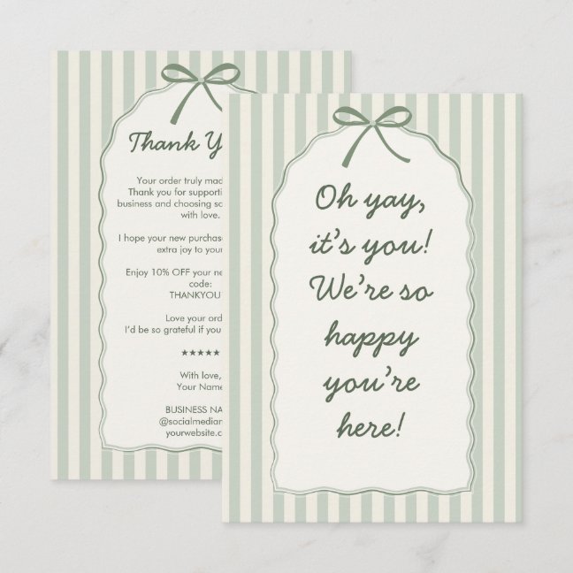 Sage Green Striped Bow Small Business Thank You Card