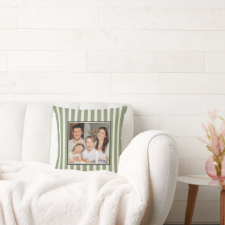 Sage Green Striped Custom Family Photo Farmhouse Throw Pillow