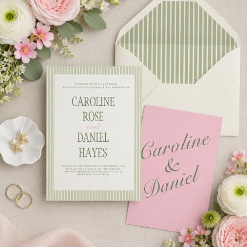 Sage Green Striped Elegant Wedding Suite Invitation