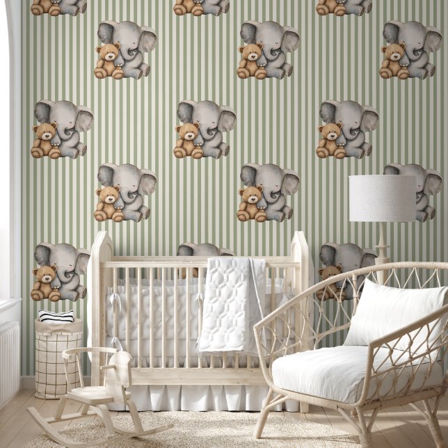 Sage Green Striped Elephant and Teddy Bear  Wallpaper (Kids)