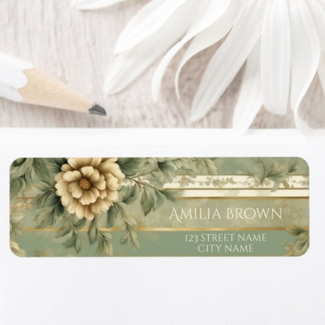 Sage green striped gold flower return address label (Creator Uploaded)