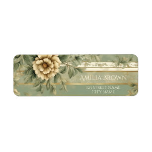 Sage green striped gold flower return address label