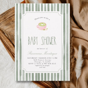 Sage Green Striped Matcha Tea Vintage Baby Shower Invitation