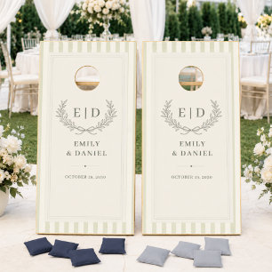 Sage Green Striped Monogram Wedding Cornhole Set