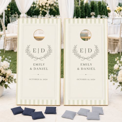 Sage Green Striped Monogram Wedding Cornhole Set