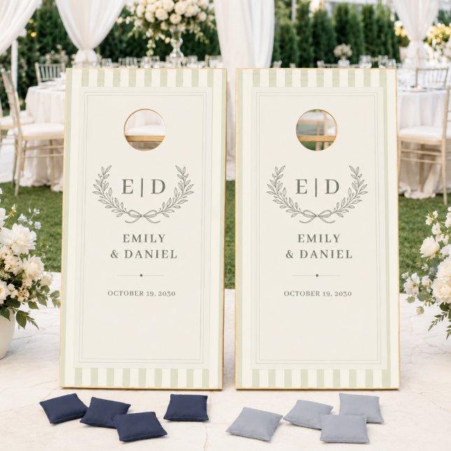 Sage Green Striped Monogram Wedding Cornhole Set (Creator Uploaded)