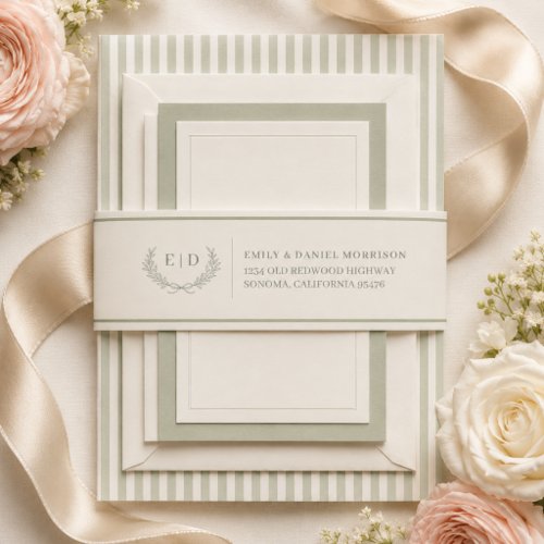 Sage Green Striped Monogram Wedding Invitation Belly Band