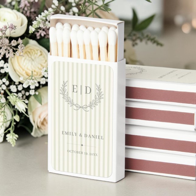 Sage Green Striped Monogram Wedding Matchboxes (Creator Uploaded)