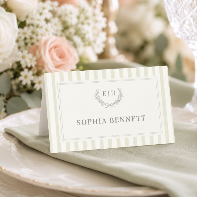 Sage Green Striped Monogram Wedding Place Card (Creator Uploaded)