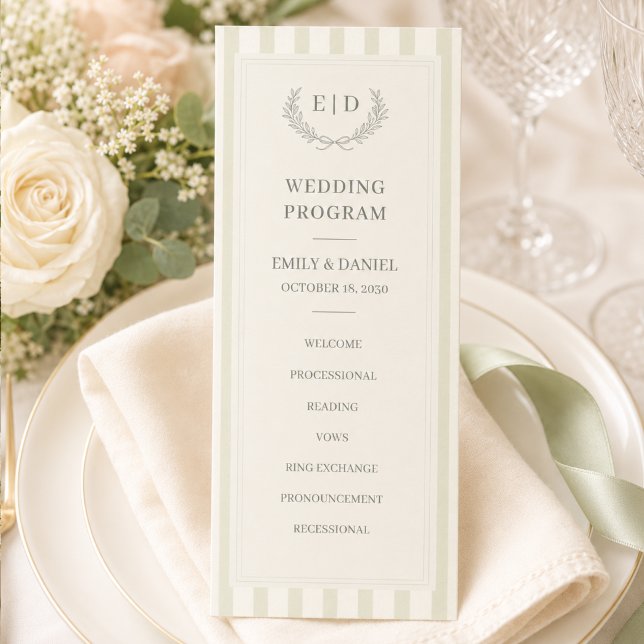 Sage Green Striped Monogram Wedding Program (Creator Uploaded)
