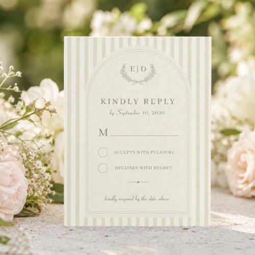 Sage Green Striped Monogram Wedding RSVP Card